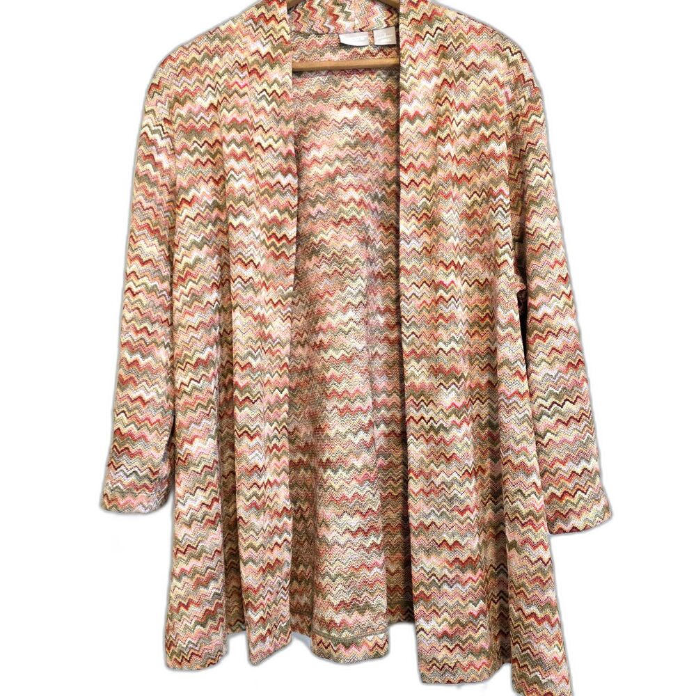 Chicos Travelers Cardigan Open Front Chevron Colorful 3/4 Sleeve Size 2 = L /12